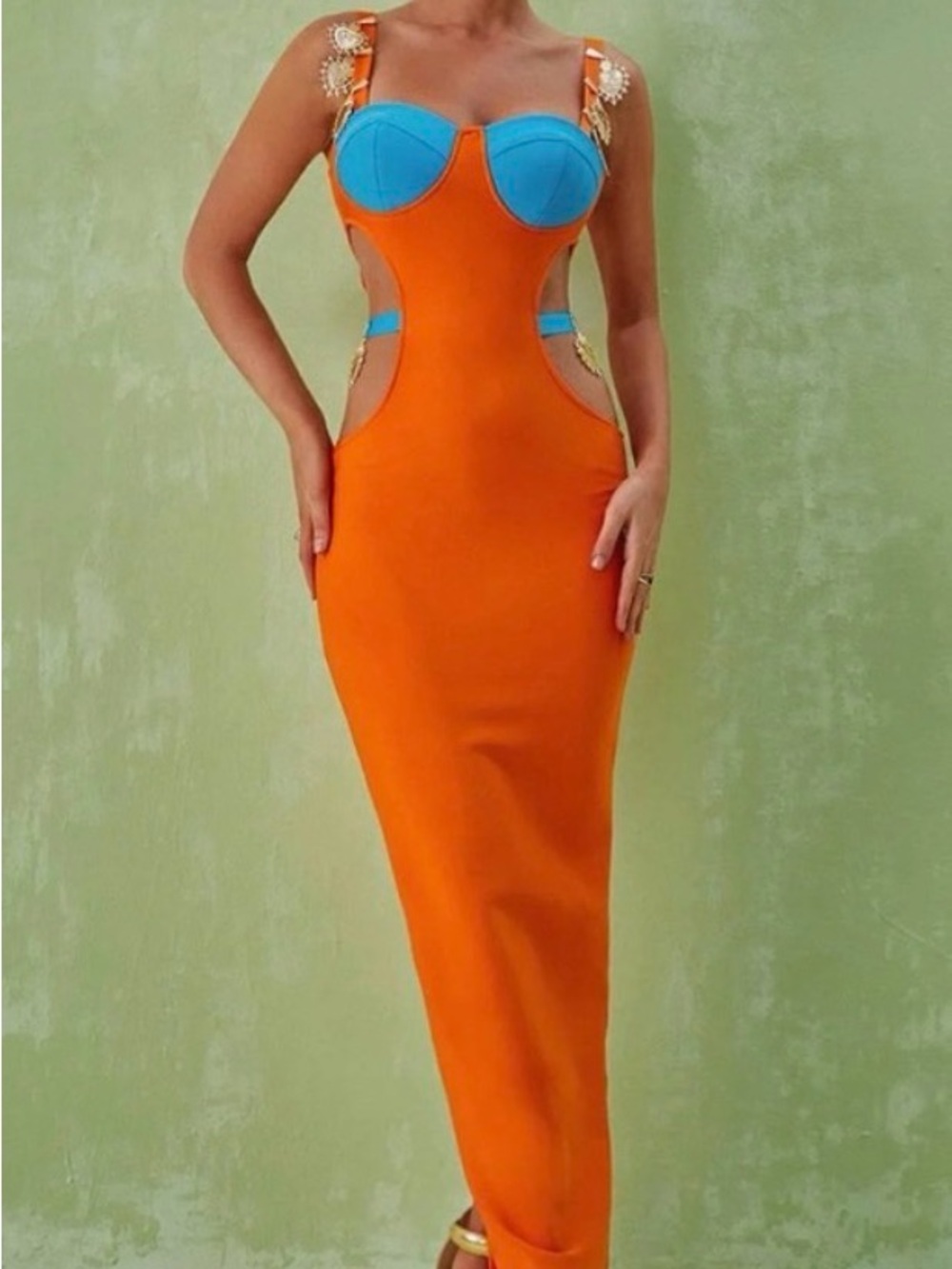 Orange & Blue Cutout Bodycon Dress - Women